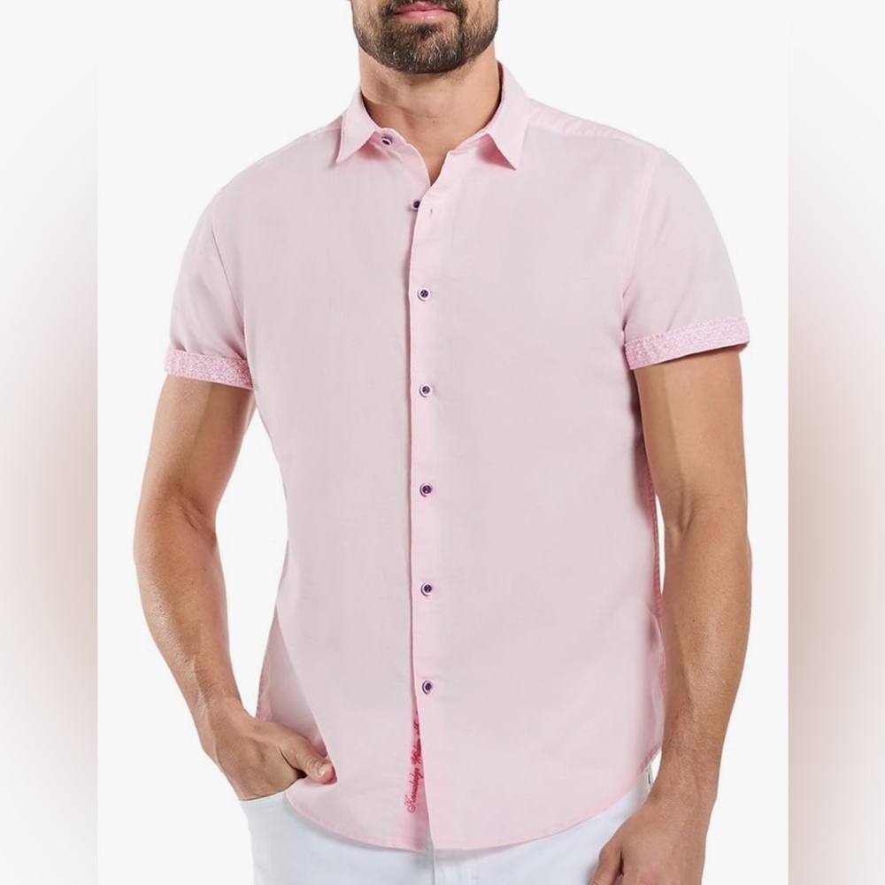 NEW Robert Graham Men's Size S Boris Pink Short Sleeve Button Up Shirt Linen - Picture 1 of 9